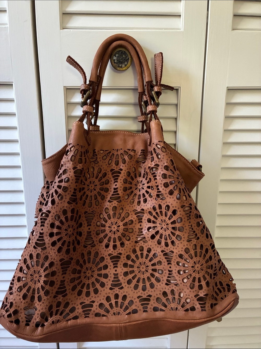 Sundance Laser-Cut Floral  Handbag - Brown 12X16”, made in Italy